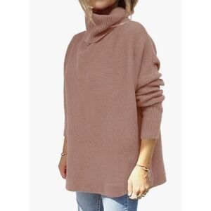 Womens Oversized Turtleneck‎ Sweater Medium Camel Asymmetric Hem Cozy Boho Chic